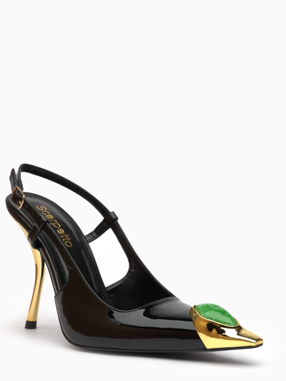 Regina Patent Leather Heels: Mirror-Gold Toe Cap, Cabochon Stone, Blade Heel